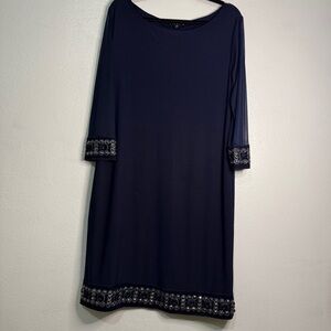 Tiana B. Navy Embellished Midi Dress w/3/4th Semi-Sheer Sleeves. Sz 10.